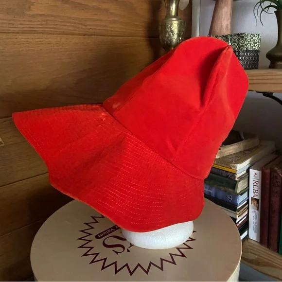 Vintage 70s mod orange flocked velvet wide brim bonnet hat - Picture 3 of 5
